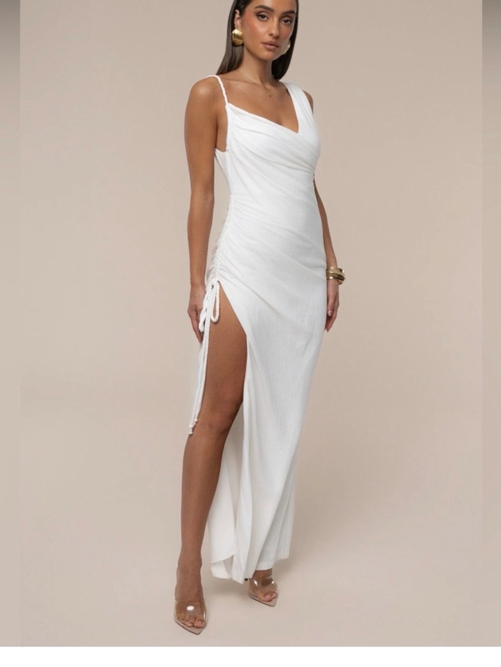 New JLUXLABEL White One-Shoulder Ruched High-Slit Maxi Dress - Picture 2 of 6